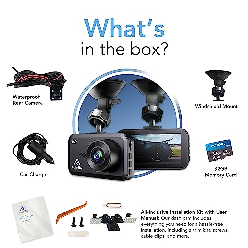 AutoSky Dual Dash Cam - Full HD, 32GB Memory