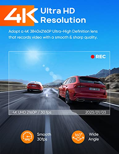 WiFi Dash Camera 4K 2160P, Parking Mode, G-Sensor
