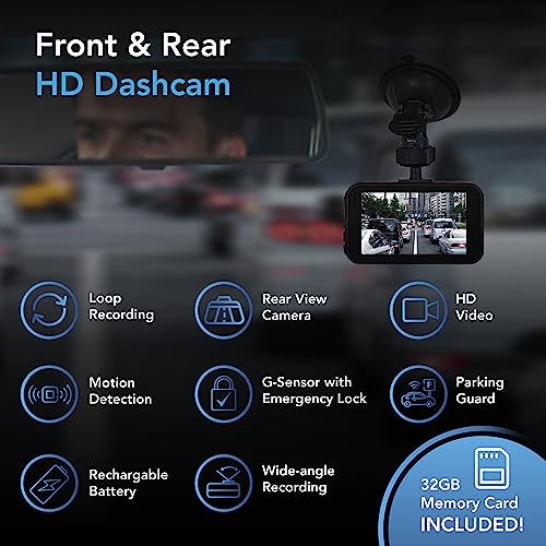 AutoSky Dual Dash Cam - Full HD, 32GB Memory