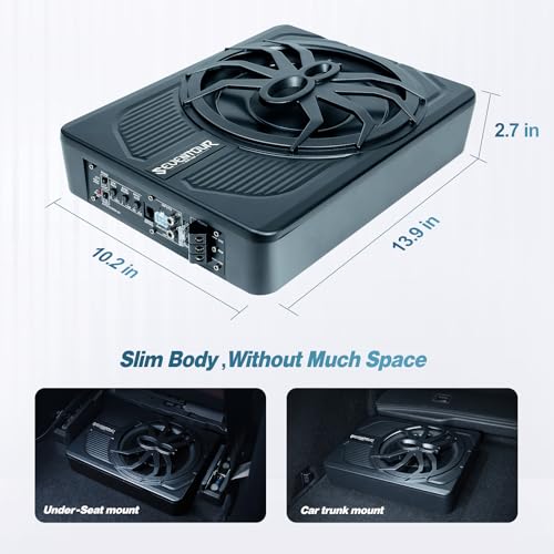 Powerful 10" Slim Under Seat Car Subwoofer - Enhanced with Blue LED Light