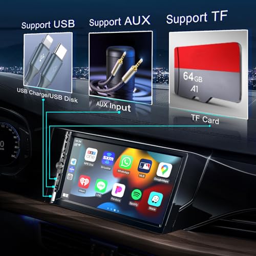 Double Din Car Stereo with Apple Carplay, HD Touch Screen