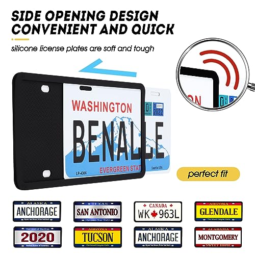 2 Pack Black Silicone License Plate Frames, Side-Opening
