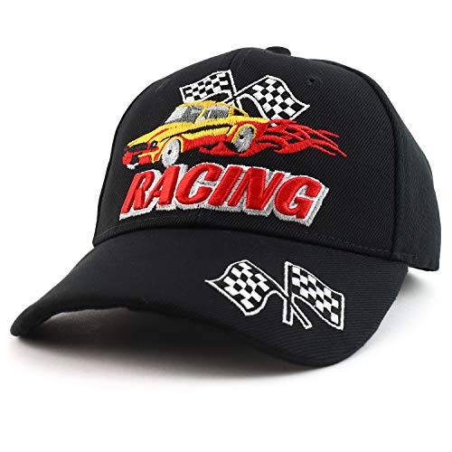 3D Embroidered Flame Race Flag Baseball Cap - Black