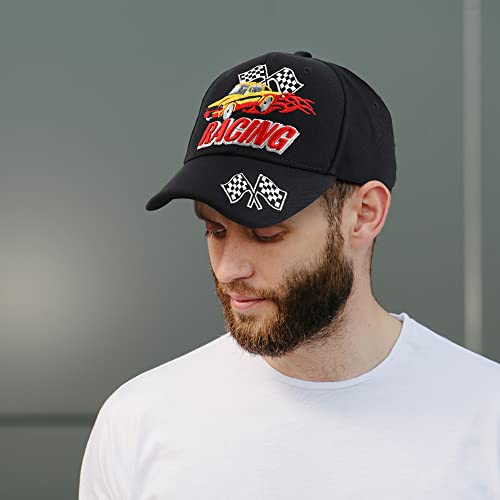 3D Embroidered Flame Race Flag Baseball Cap - Black
