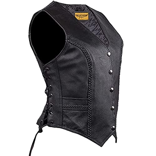 Women's Black Leather Motorcycle Vest with Concealed Carry Pockets