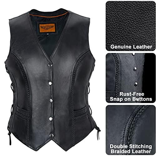 Women's Black Leather Motorcycle Vest with Concealed Carry Pockets