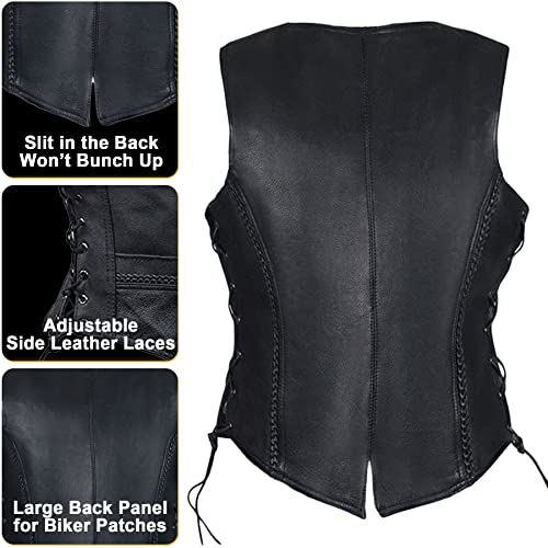 Women's Black Leather Motorcycle Vest with Concealed Carry Pockets