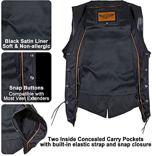 Women's Black Leather Motorcycle Vest with Concealed Carry Pockets