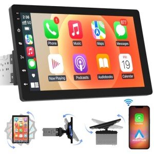 Single Din Wireless CarPlay Stereo - 10.1 Inch Rotatable Wireless Android Auto Touch Screen - Bluetooth Android Car Radio with Mirrorlink GPS Tracking WiFi Dual USB AM FM Backup Camera Input 2G+64G