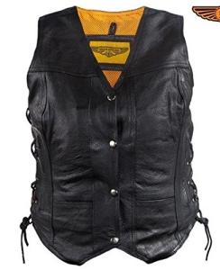 Women's Black Leather Motorcycle Vest with Pockets