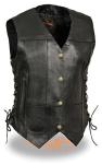 Women's Black Leather Motorcycle Vest with Pockets