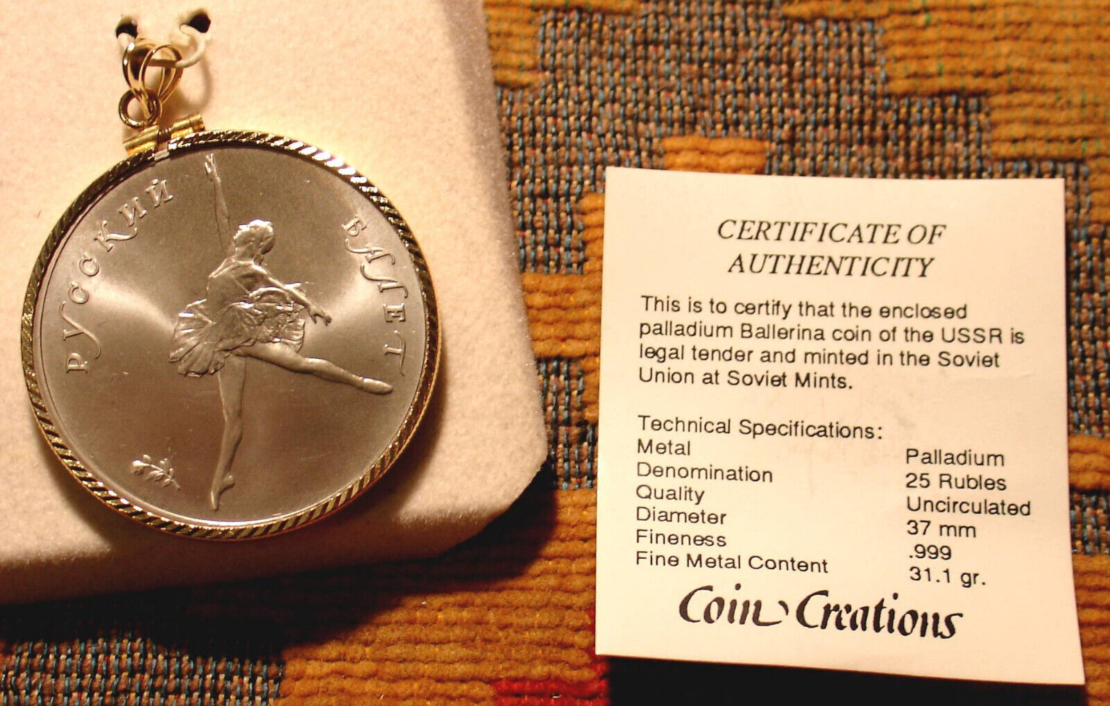 1991 Russian Ballerina 25 Roubles Gold Coin with Bezel