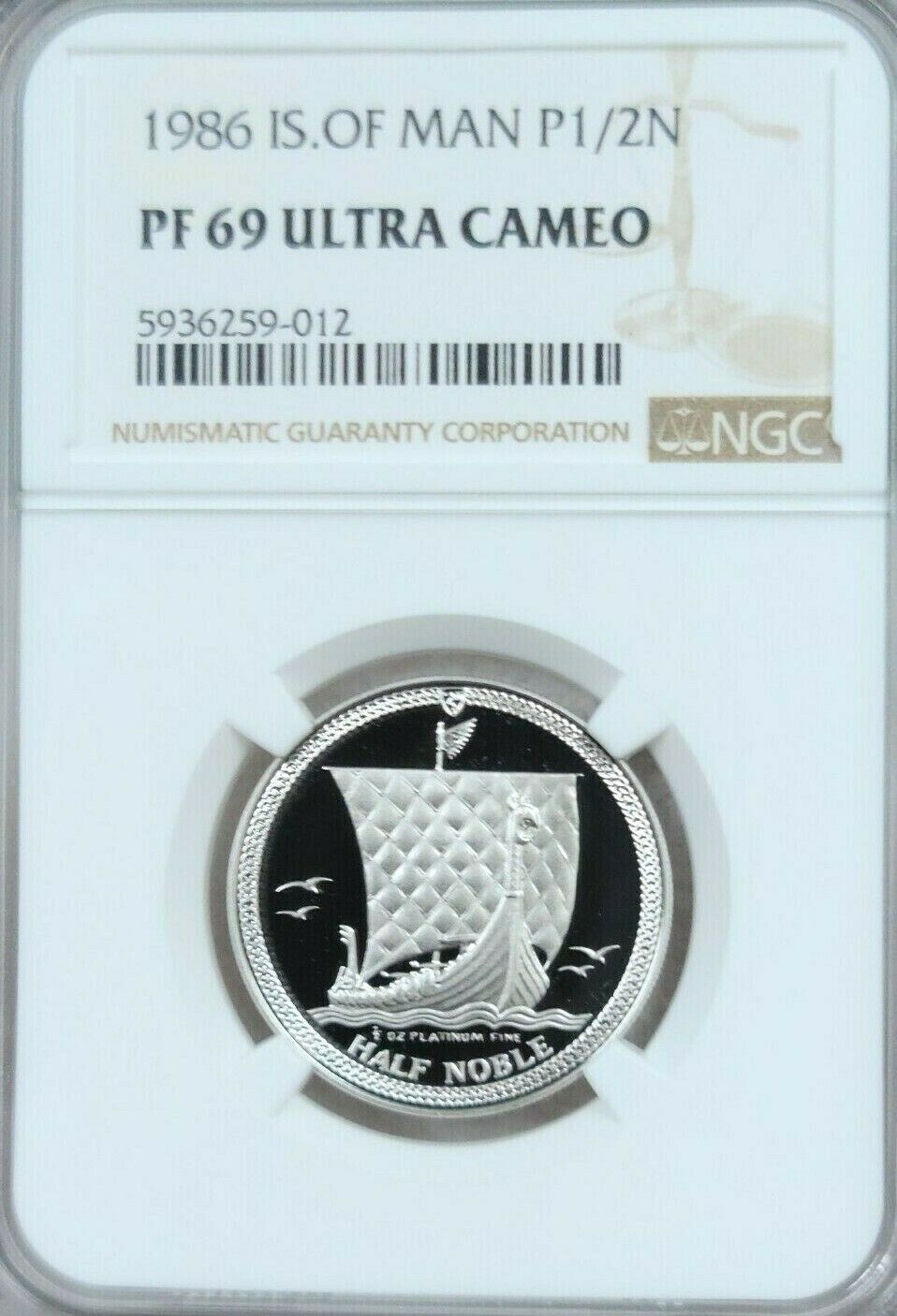 1986 Isle of Man Platinum 1/2 Noble NGC PF 69 Ultra Cameo