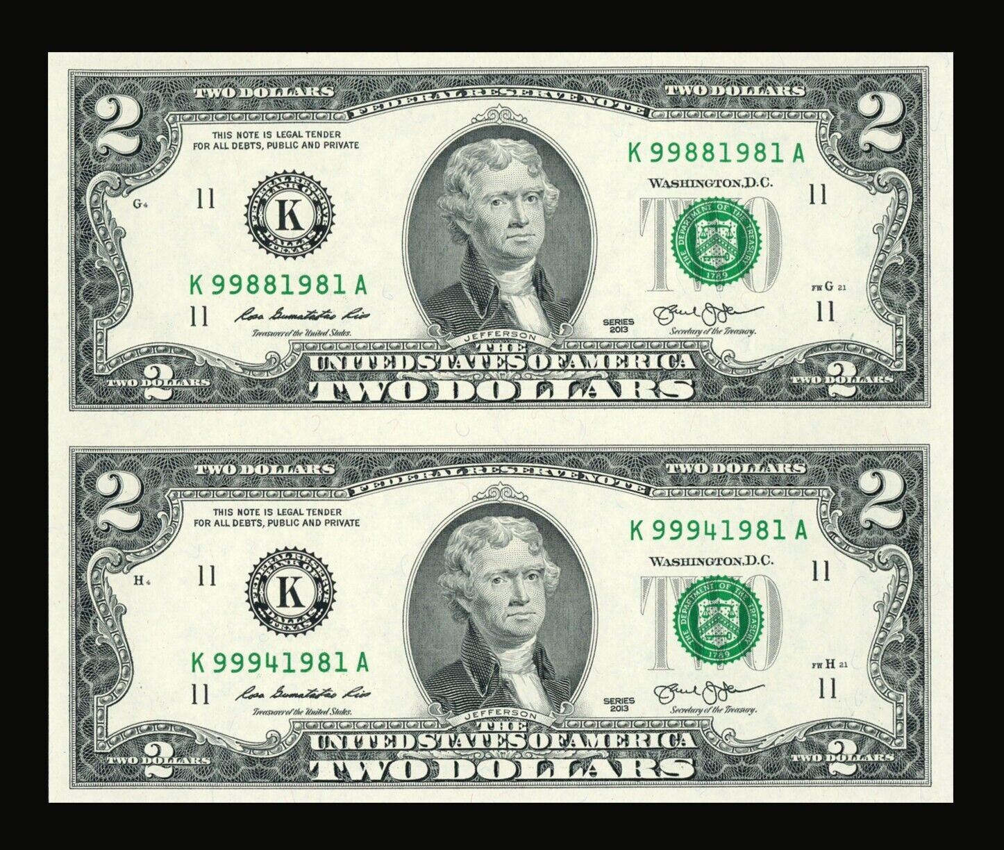 2013 Uncut $2 Bills Series Sheet - Real US Paper