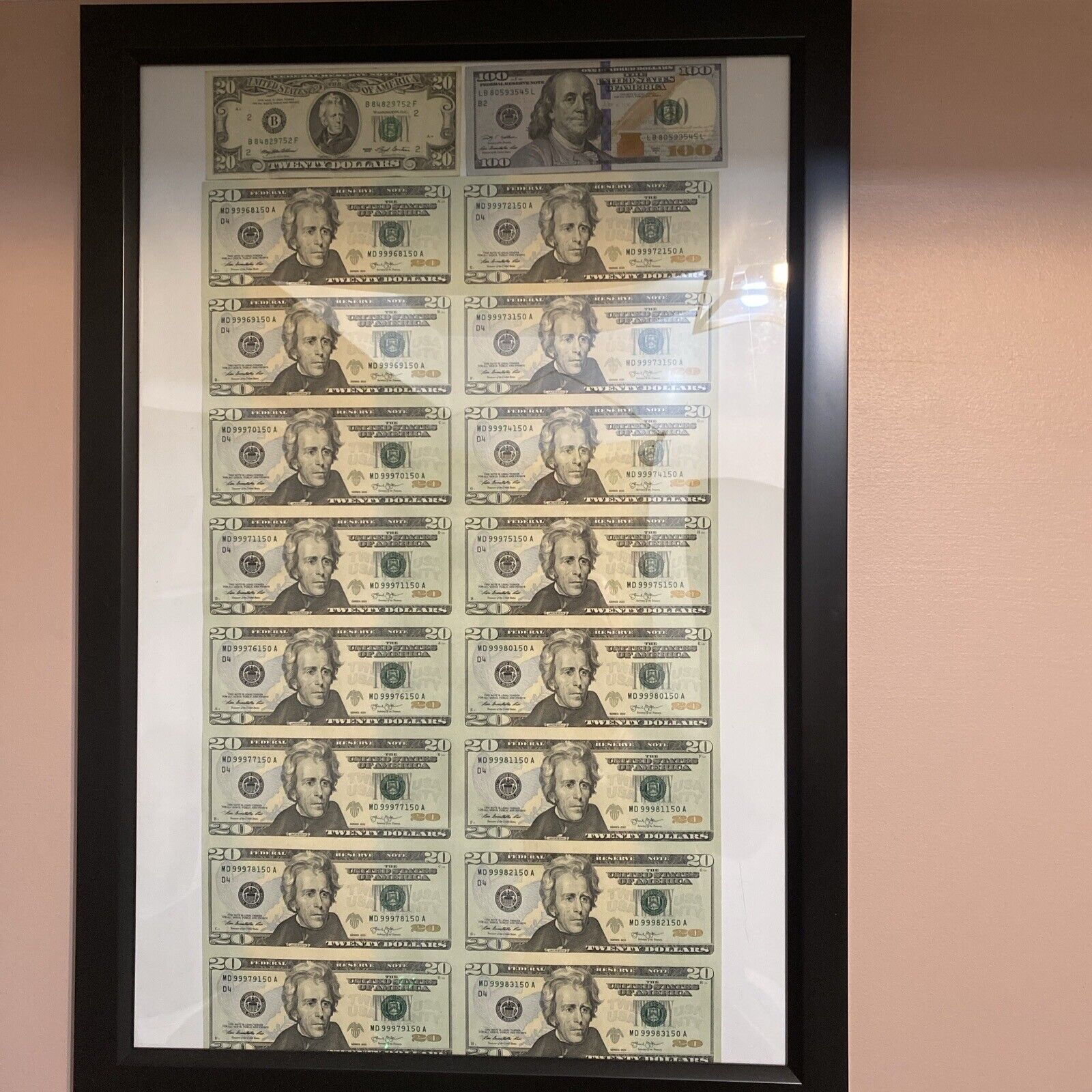 16 Uncut $20 US Dollar Bills - Uncirculated Sheet
