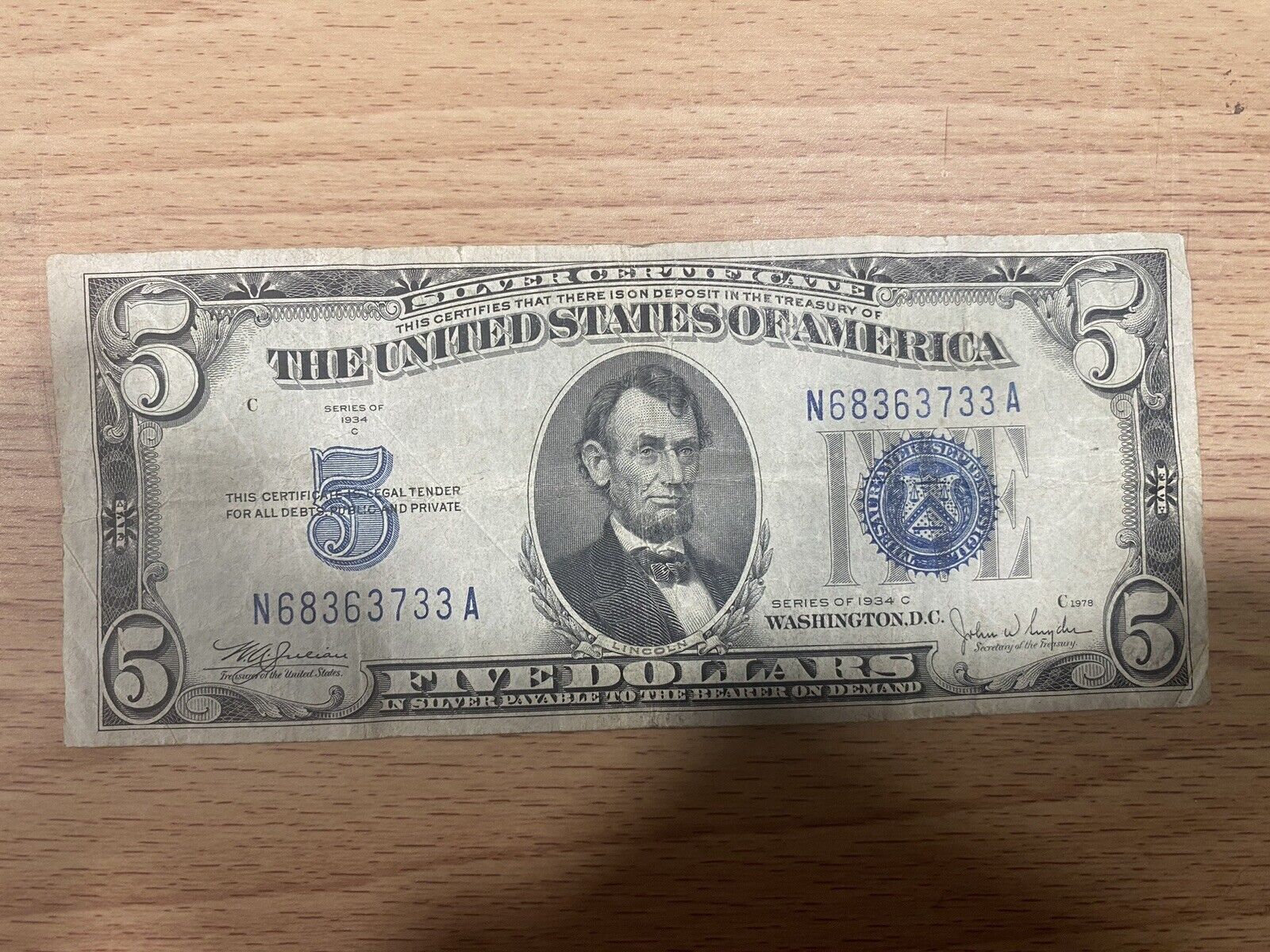 1934C $5 Bill Blue Seal U.S Currency Note