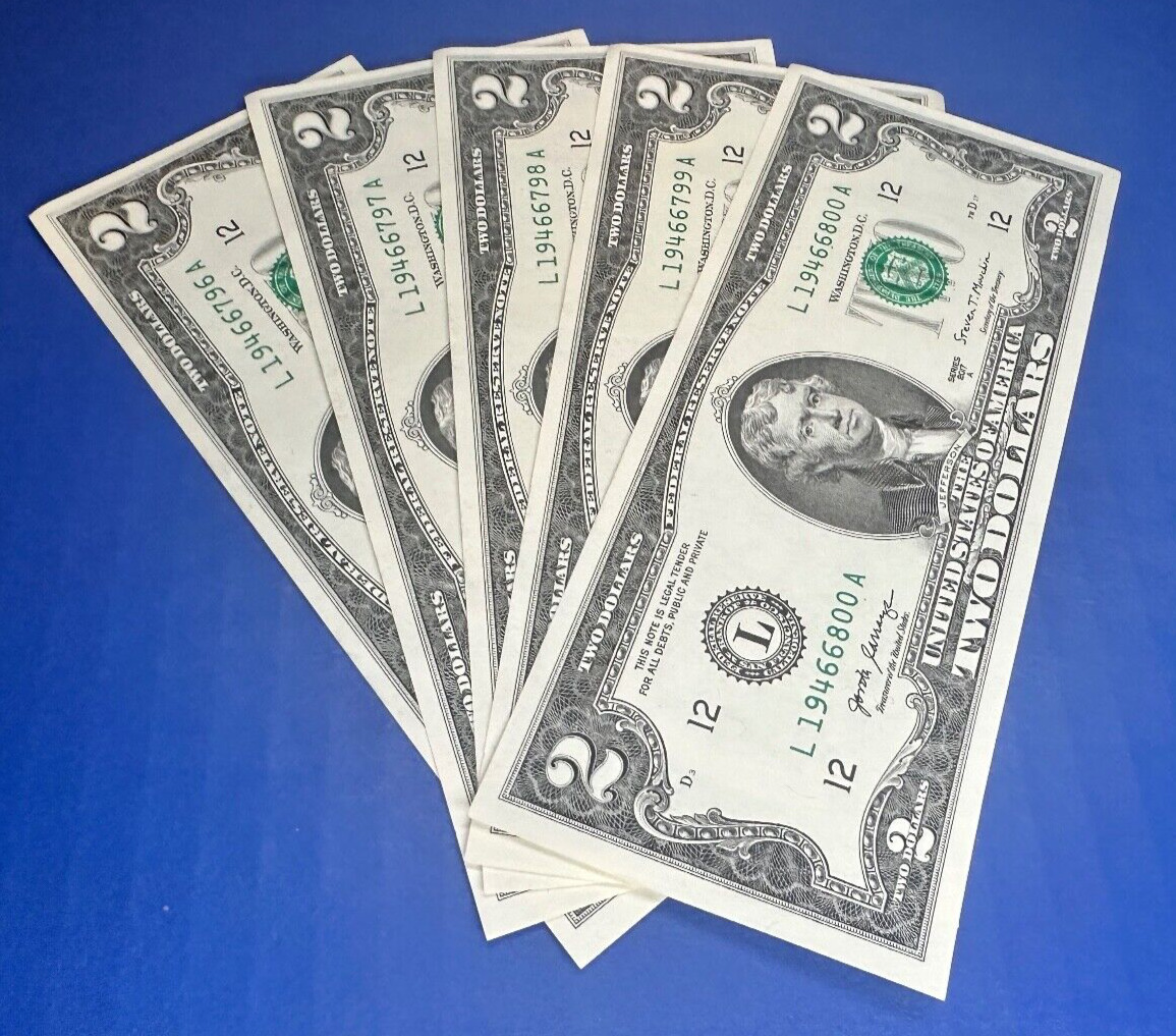 5 Sequential $2 Bills - Gem Uncirculated Authentic Currency