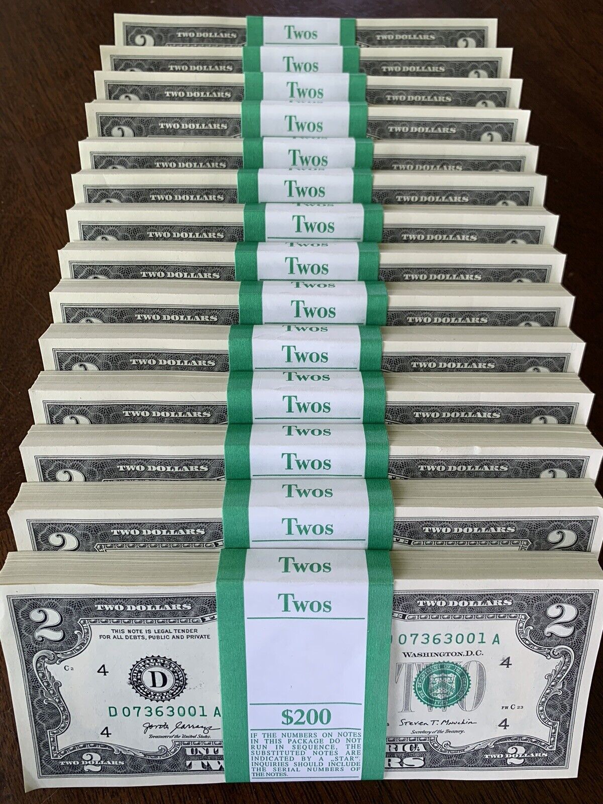 (20) Uncirculated Consecutive Serial# $2 Bills - Real Money