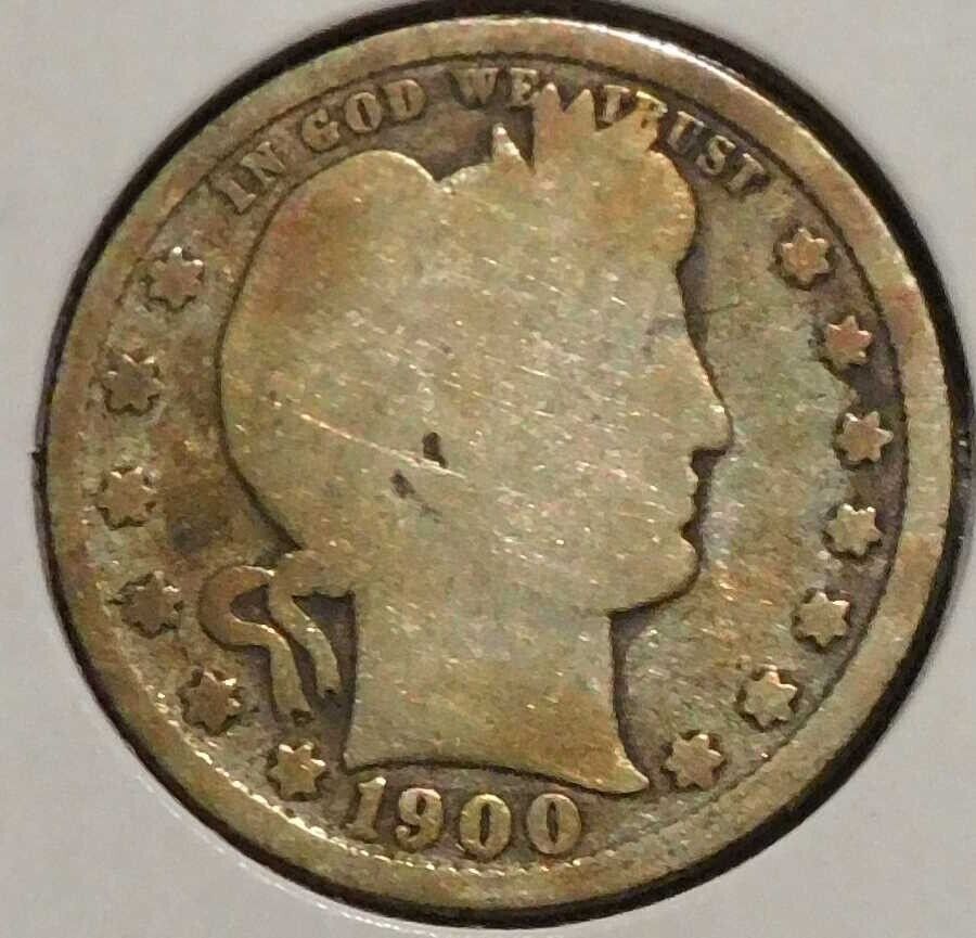 1900 Barber Silver Quarter - Toned after cleaning
