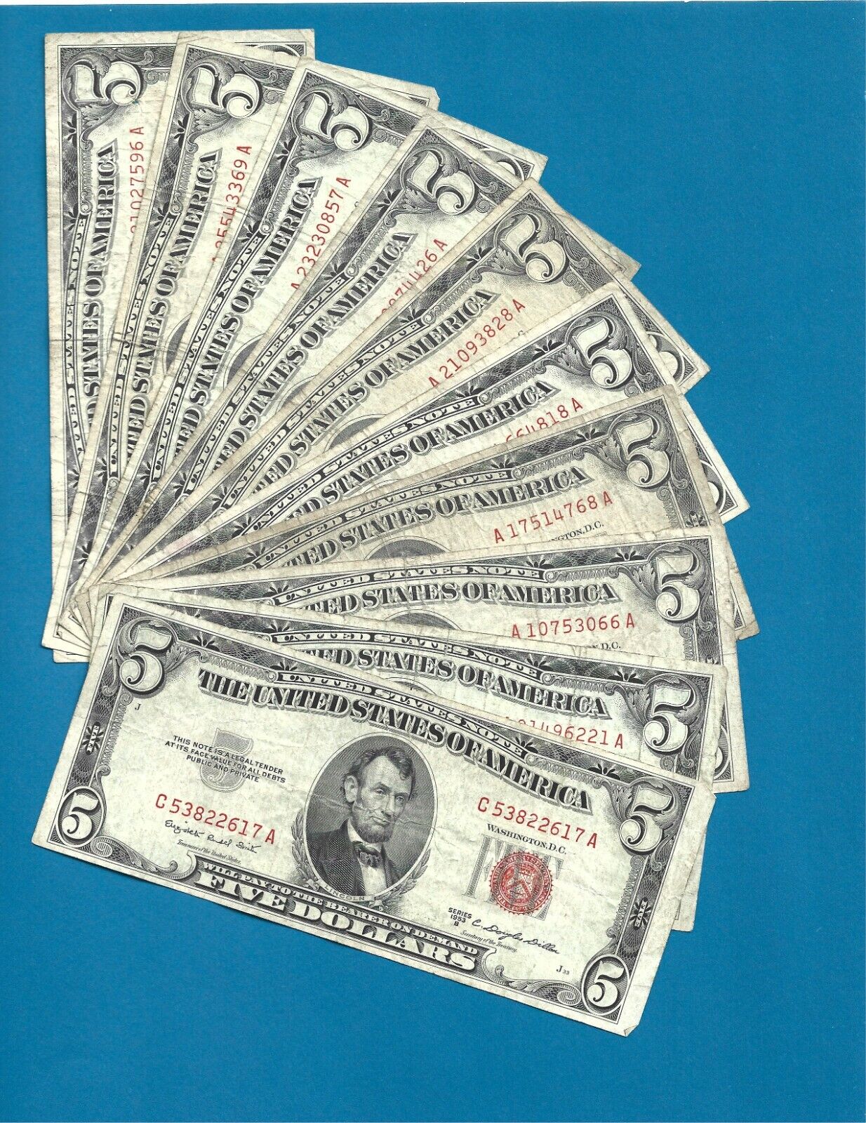 Lot of 10 1953/1963 US $5 Red Seal Bills