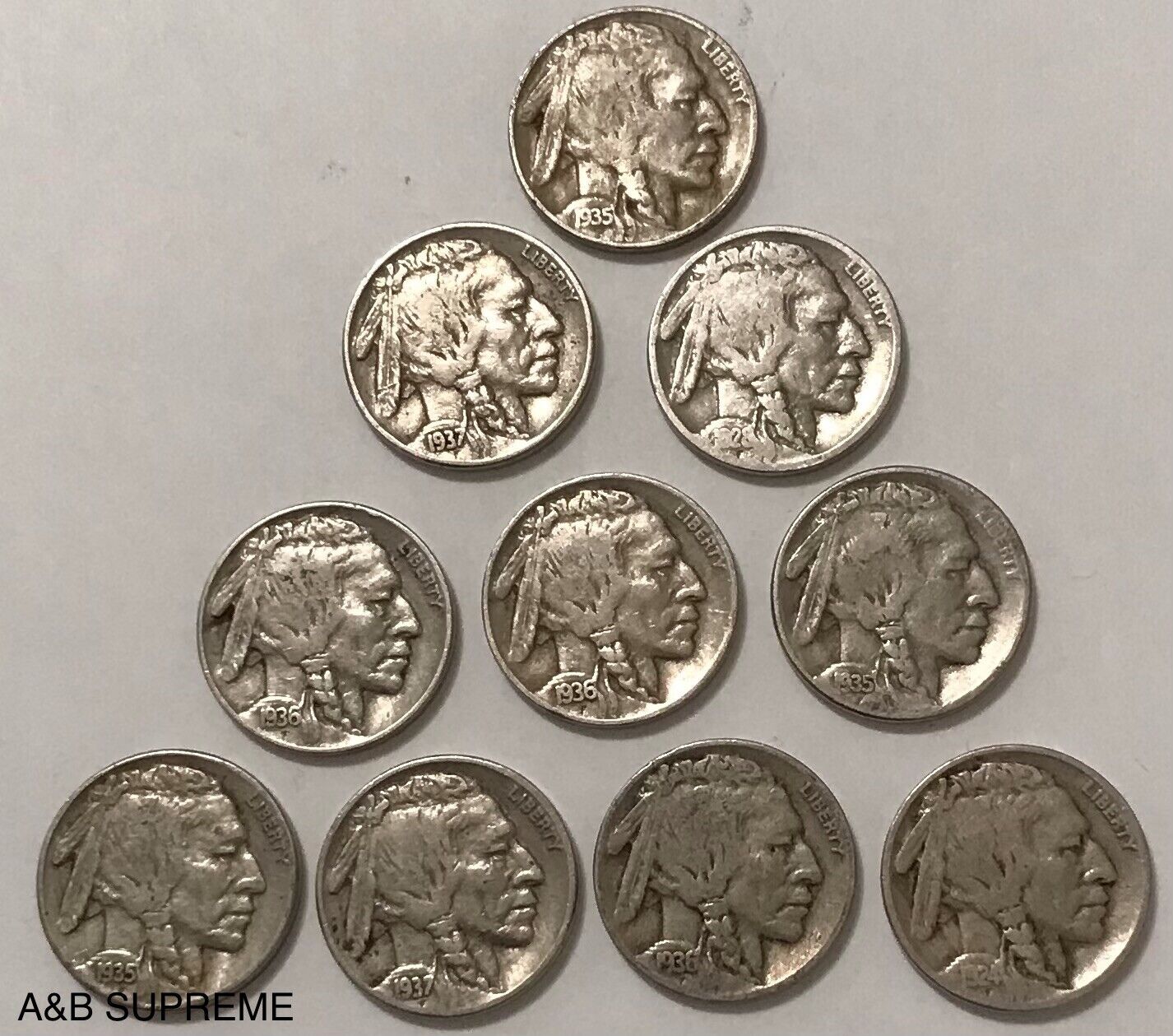 Set of Ten Circulated Buffalo Nickels 1913-1938 Fine