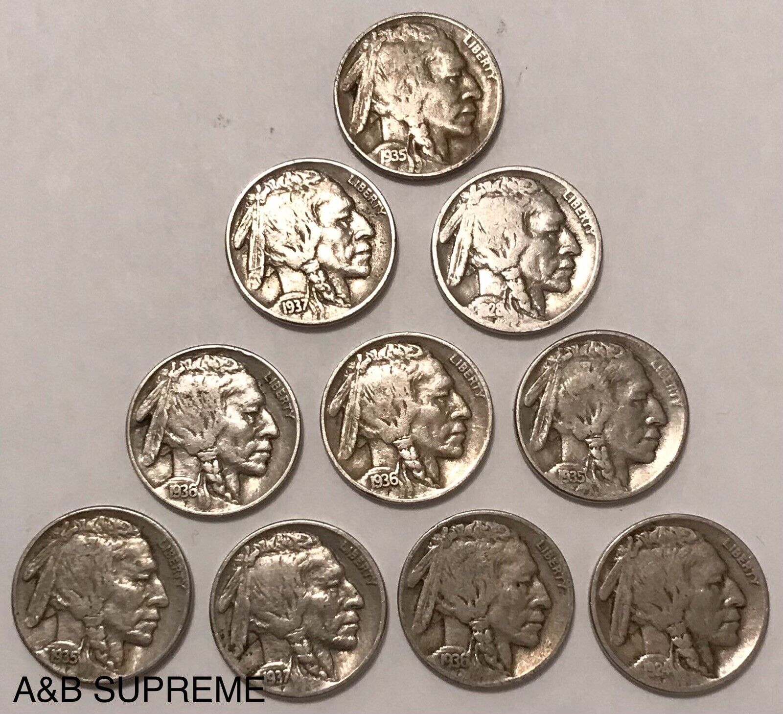 Set of Ten Circulated Buffalo Nickels 1913-1938 Fine