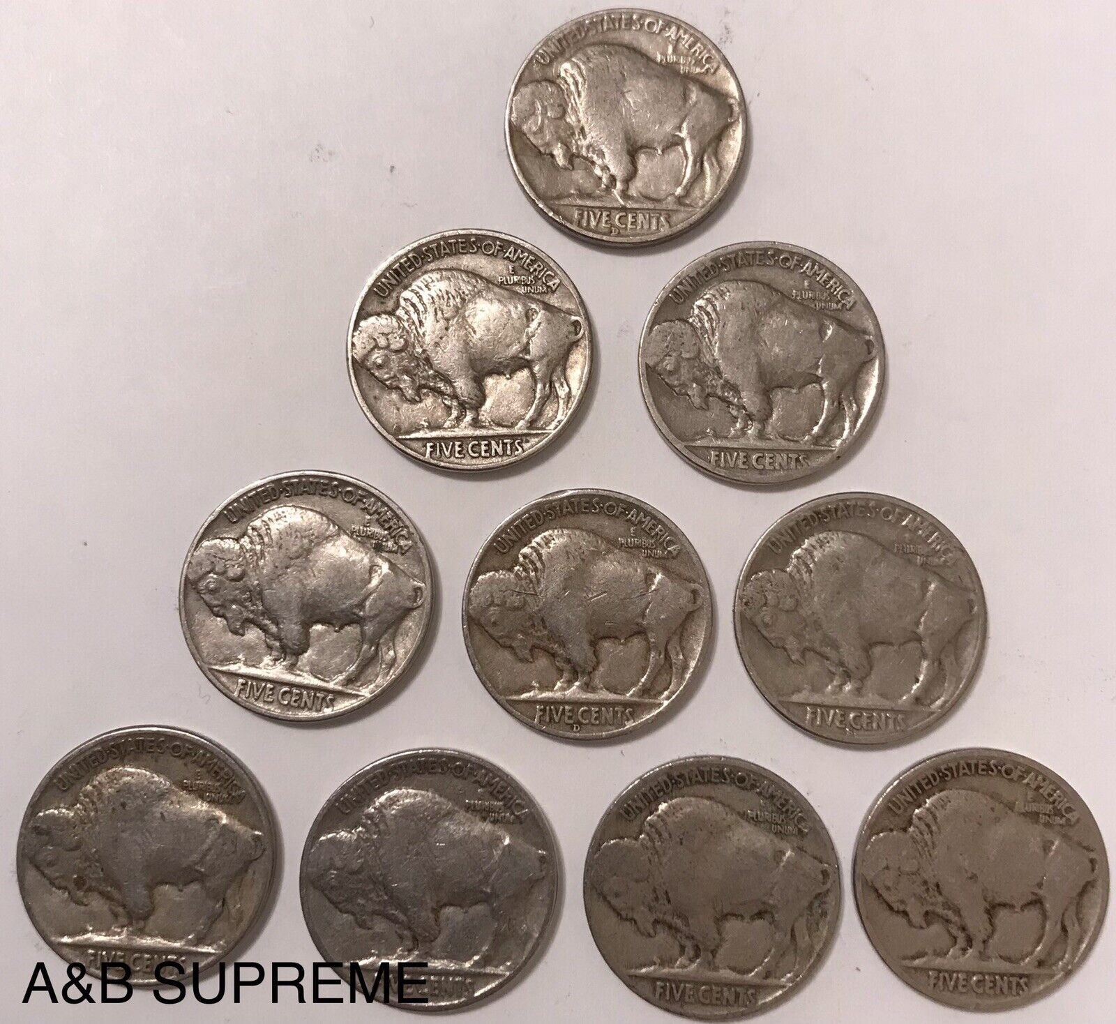 Set of Ten Circulated Buffalo Nickels 1913-1938 Fine