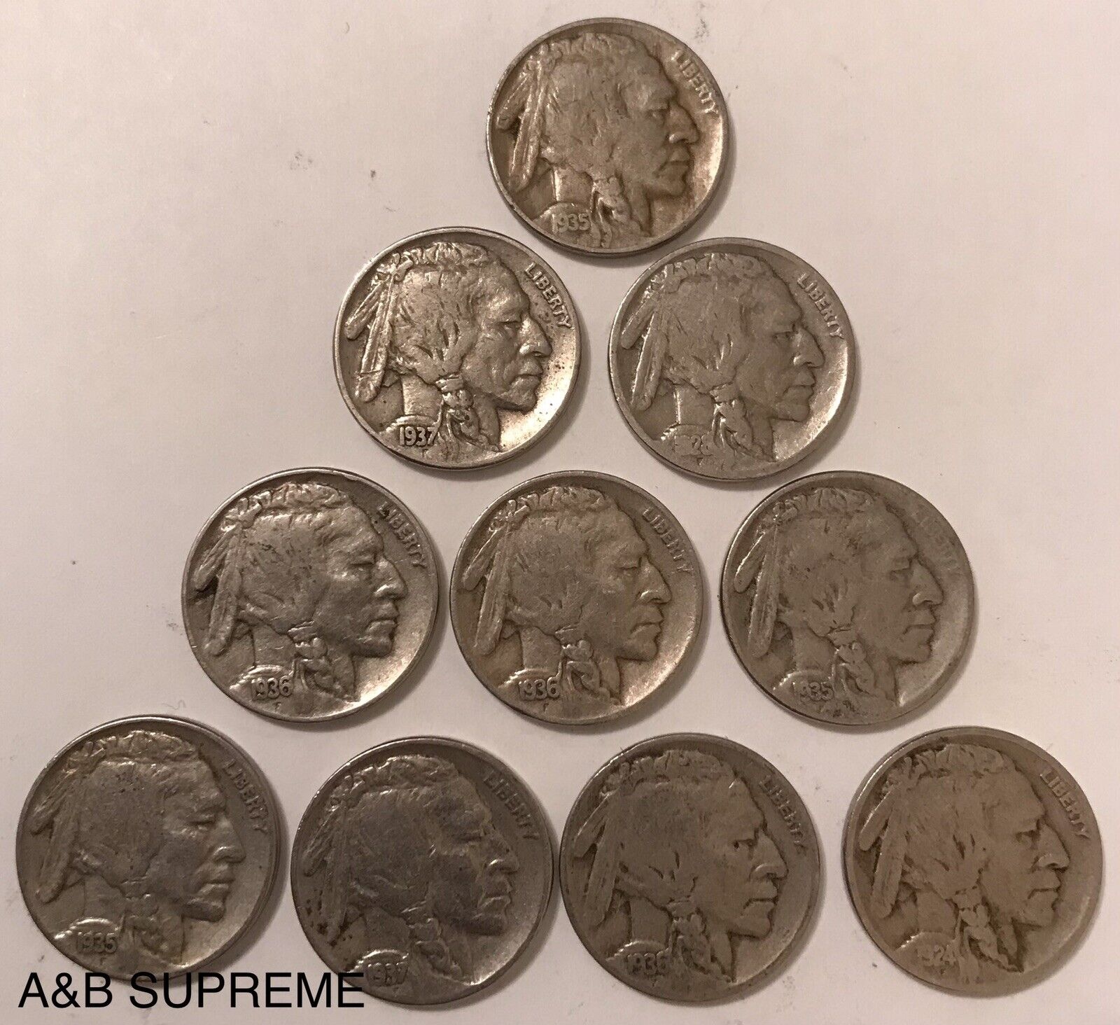 Set of Ten Circulated Buffalo Nickels 1913-1938 Fine