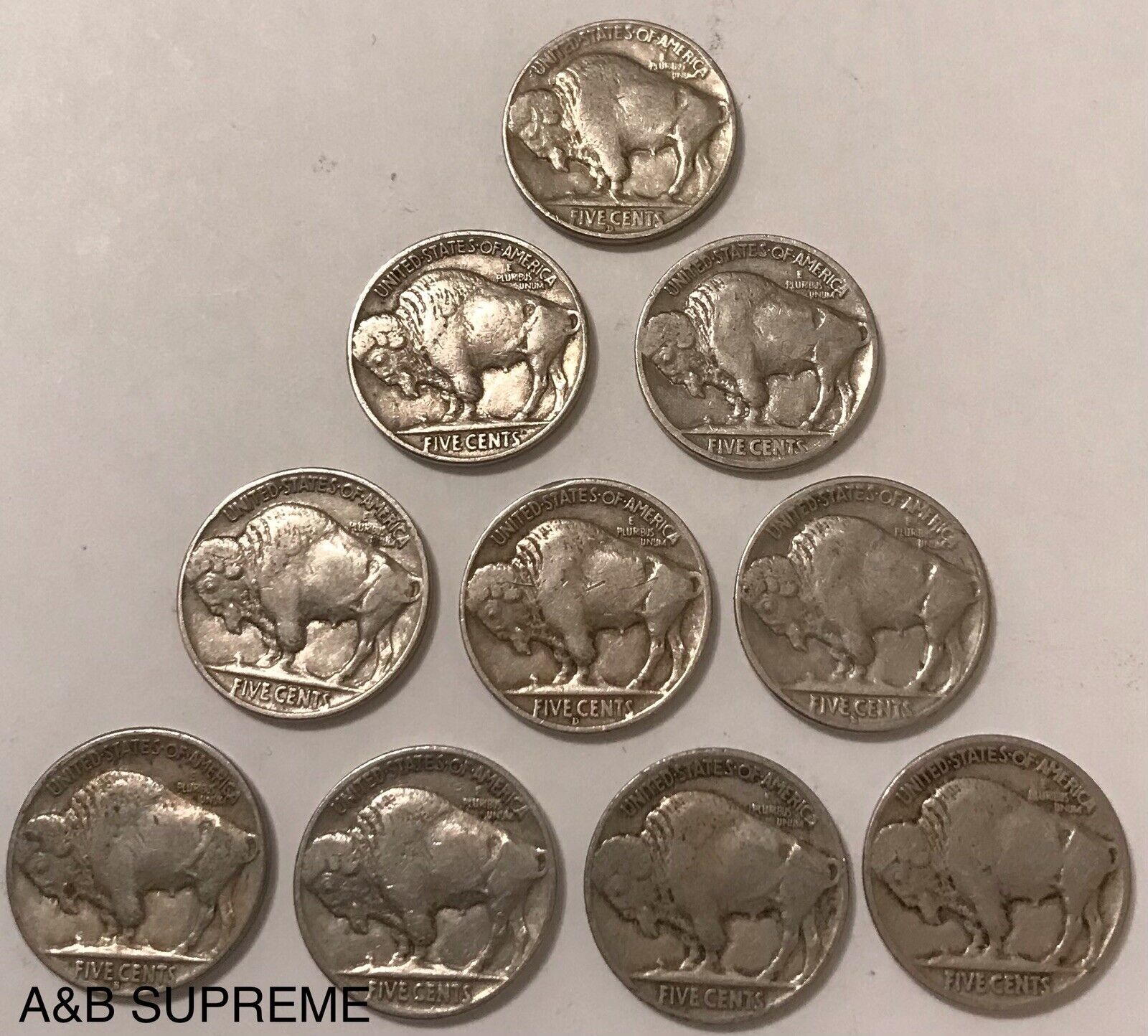 Set of Ten Circulated Buffalo Nickels 1913-1938 Fine