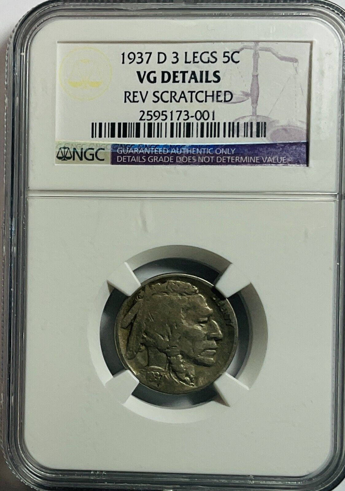 1937-D Rare 3 Legged Buffalo Nickel - NGC VG