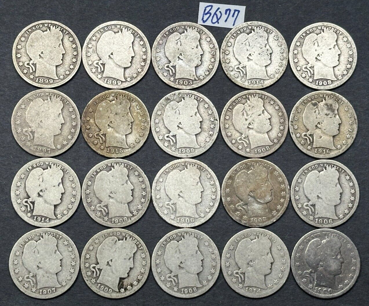 Lot of 20 Barber Silver Quarters Full Dates 1899-1916
