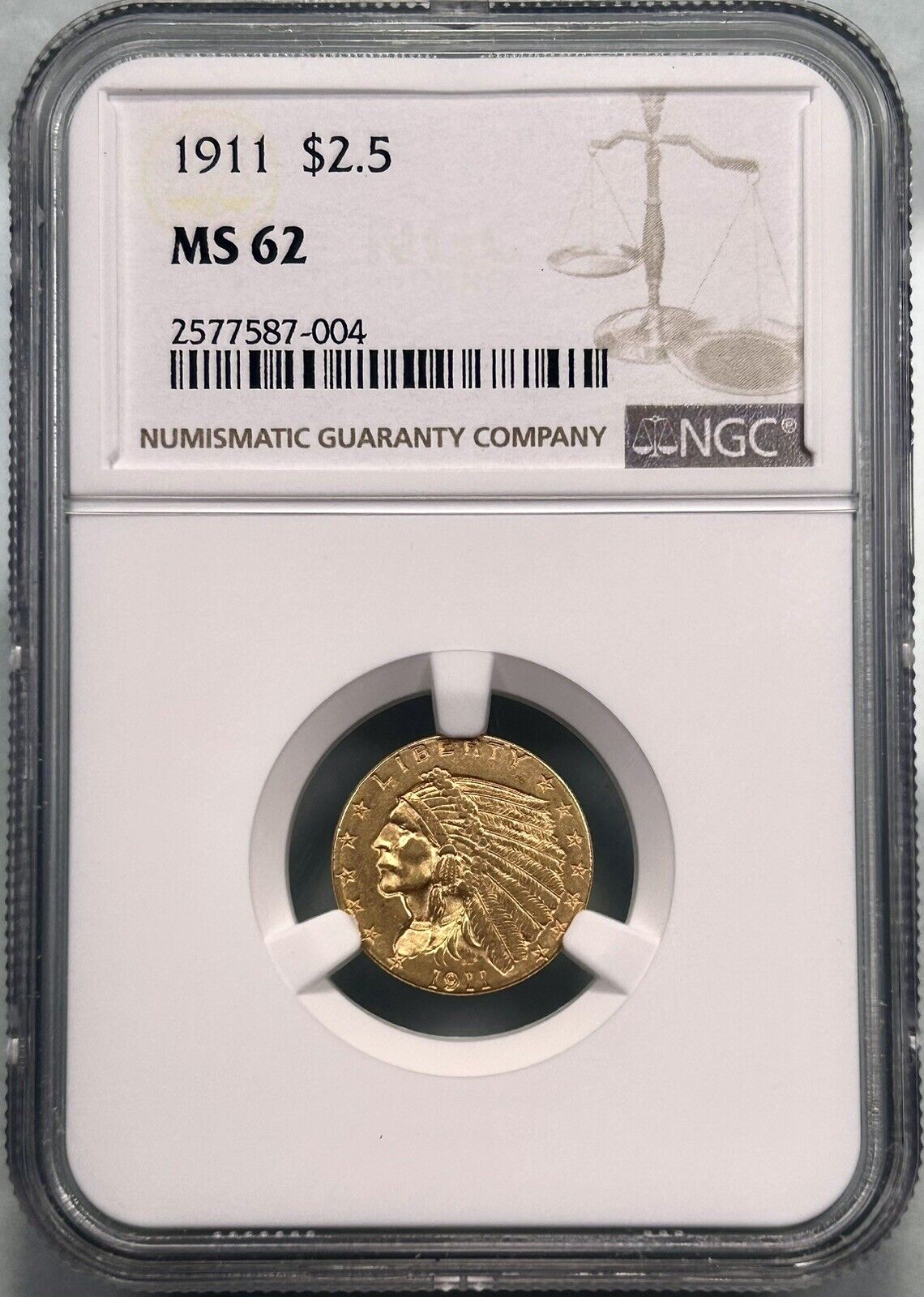 1911 Gold Indian Head Quarter Eagle NGC MS62