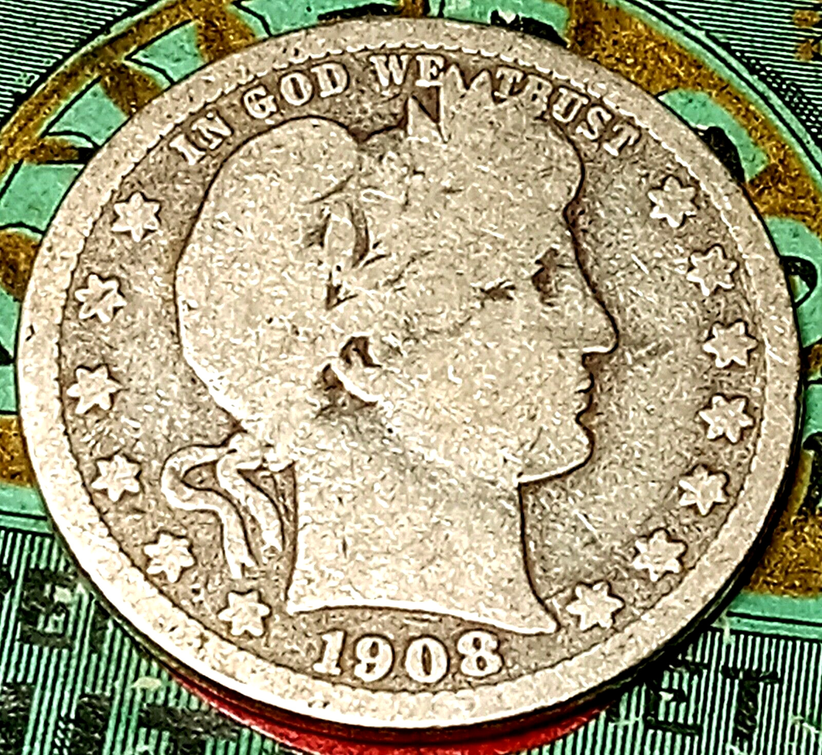 1908 D Barber Silver Quarter Liberty Head Coin