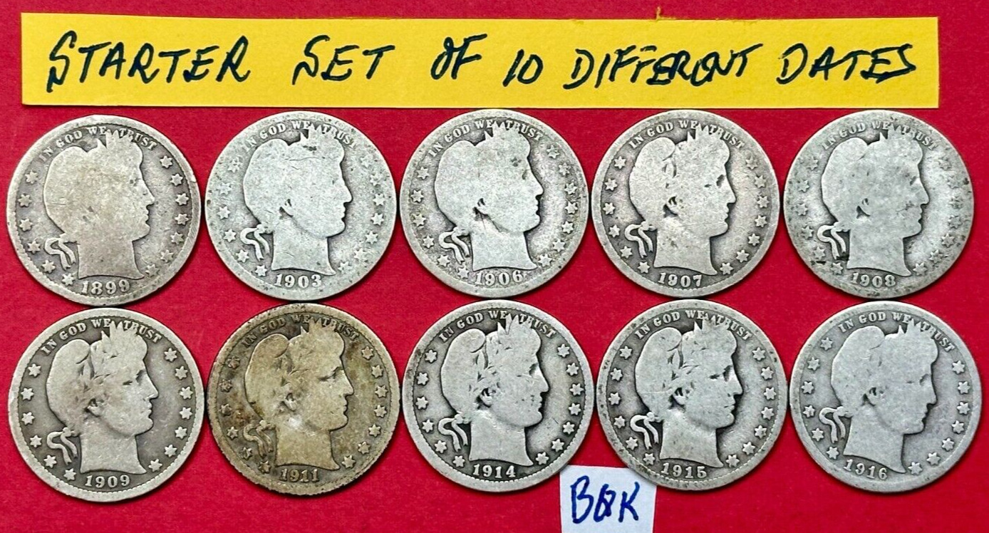 Set of 10 Barber Silver Quarters Coins 1899-1916