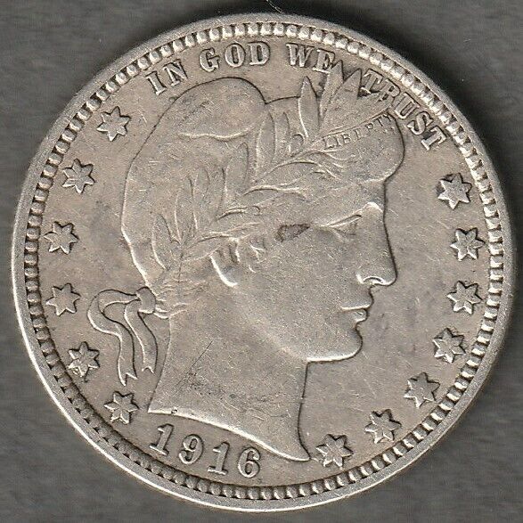 1916 D Silver Barber Quarter. Full Liberty. Very Fine+