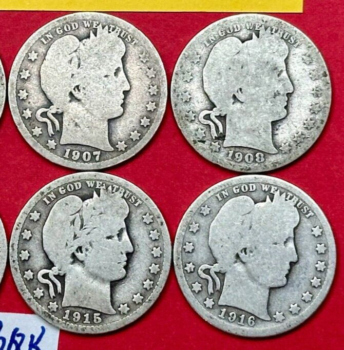 Set of 10 Barber Silver Quarters Coins 1899-1916