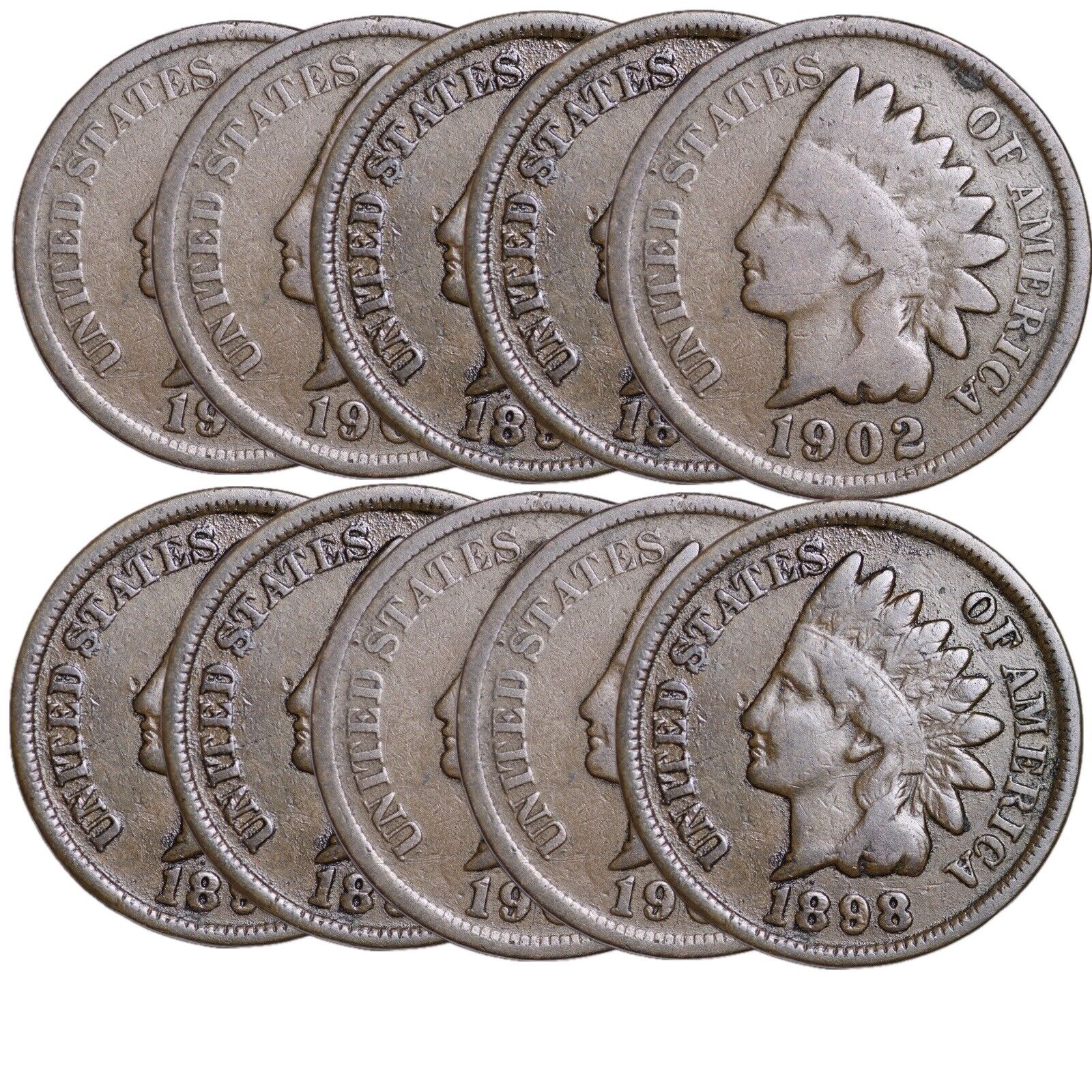 Lot of 10 Indian Head Cent Pennies G/VG
