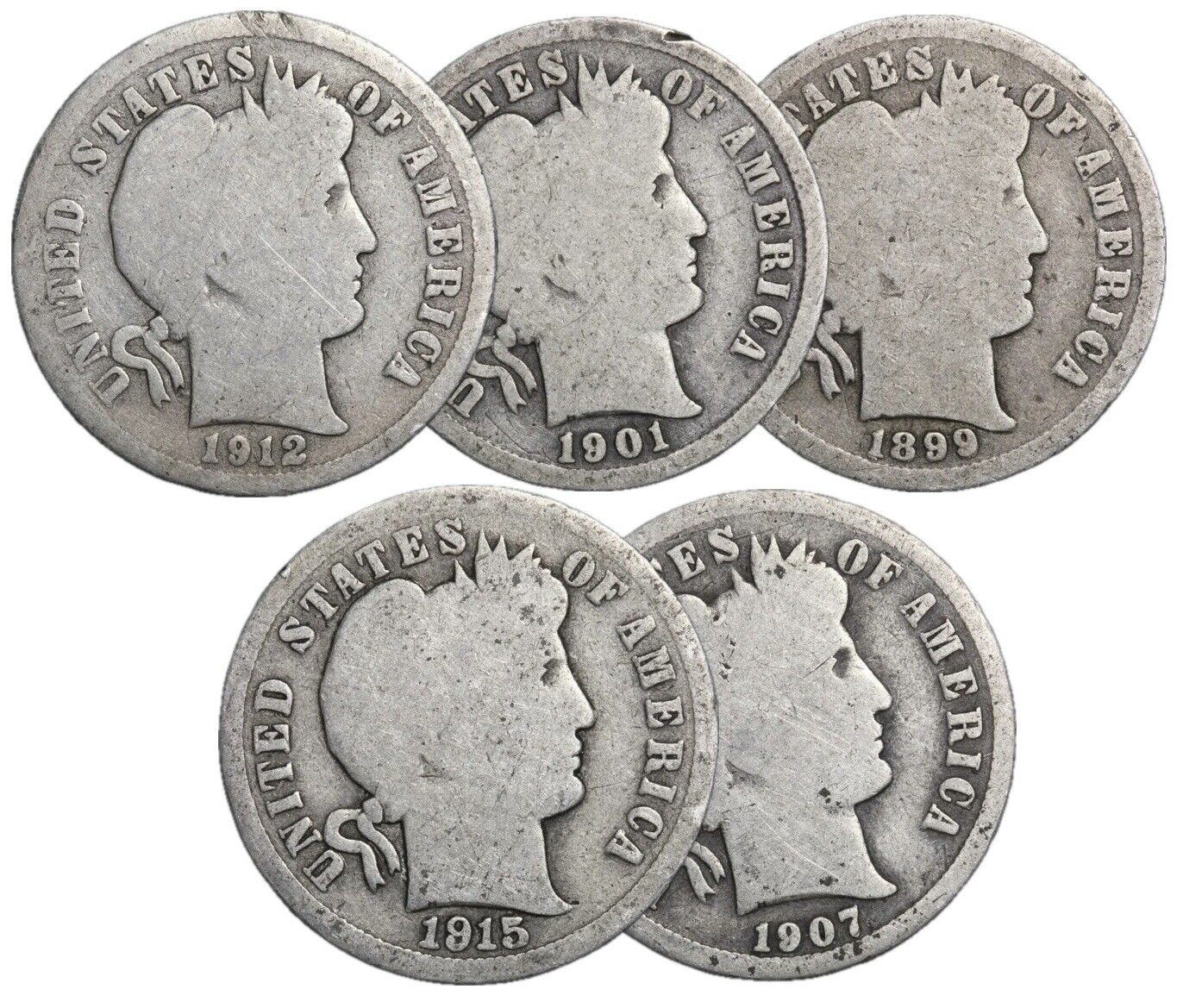 5 Different Barber Silver Dimes (5 pc. lot) Circulated