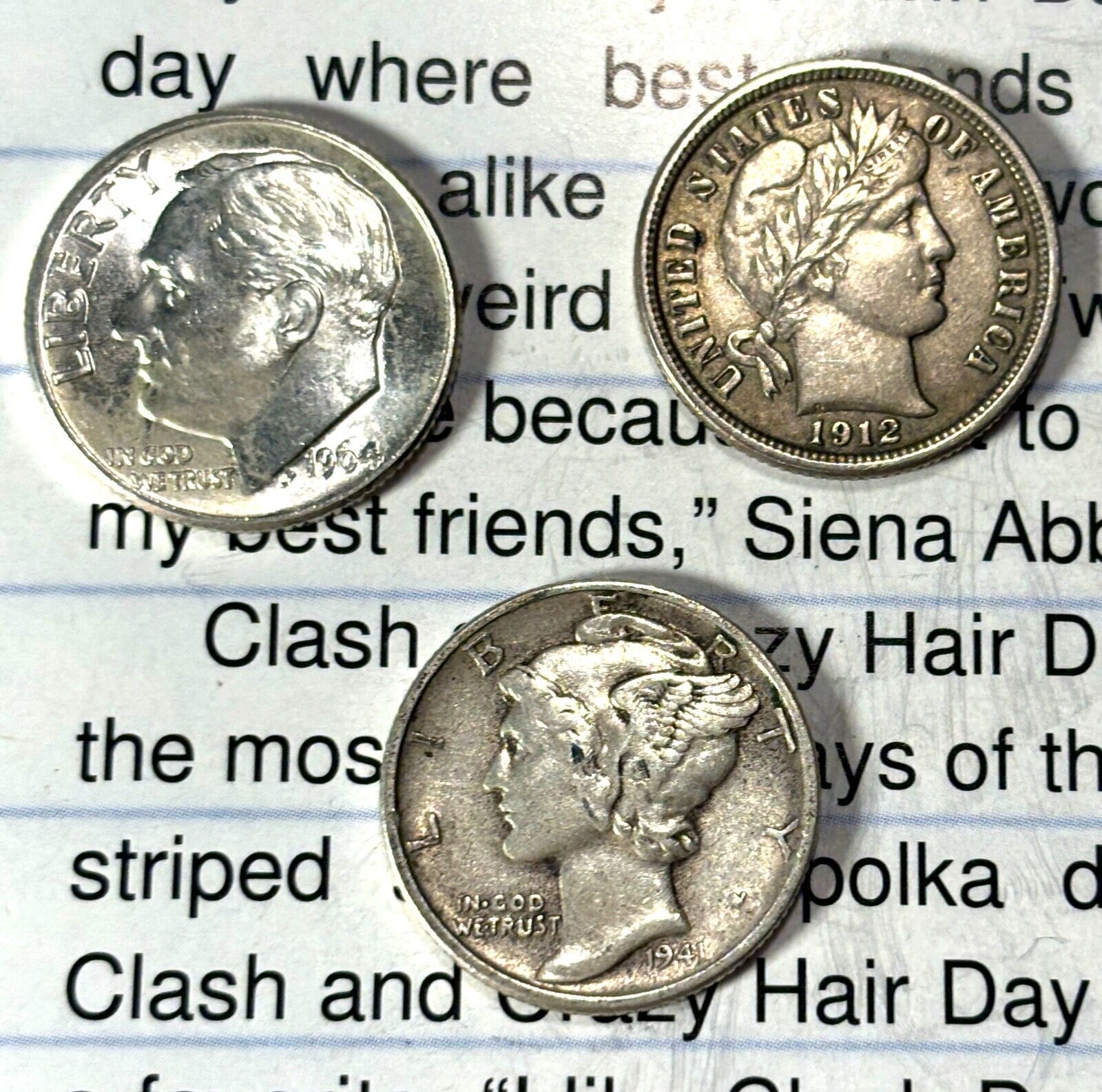 3 Coin Set: Mercury, Barber, BU Roosevelt Dimes