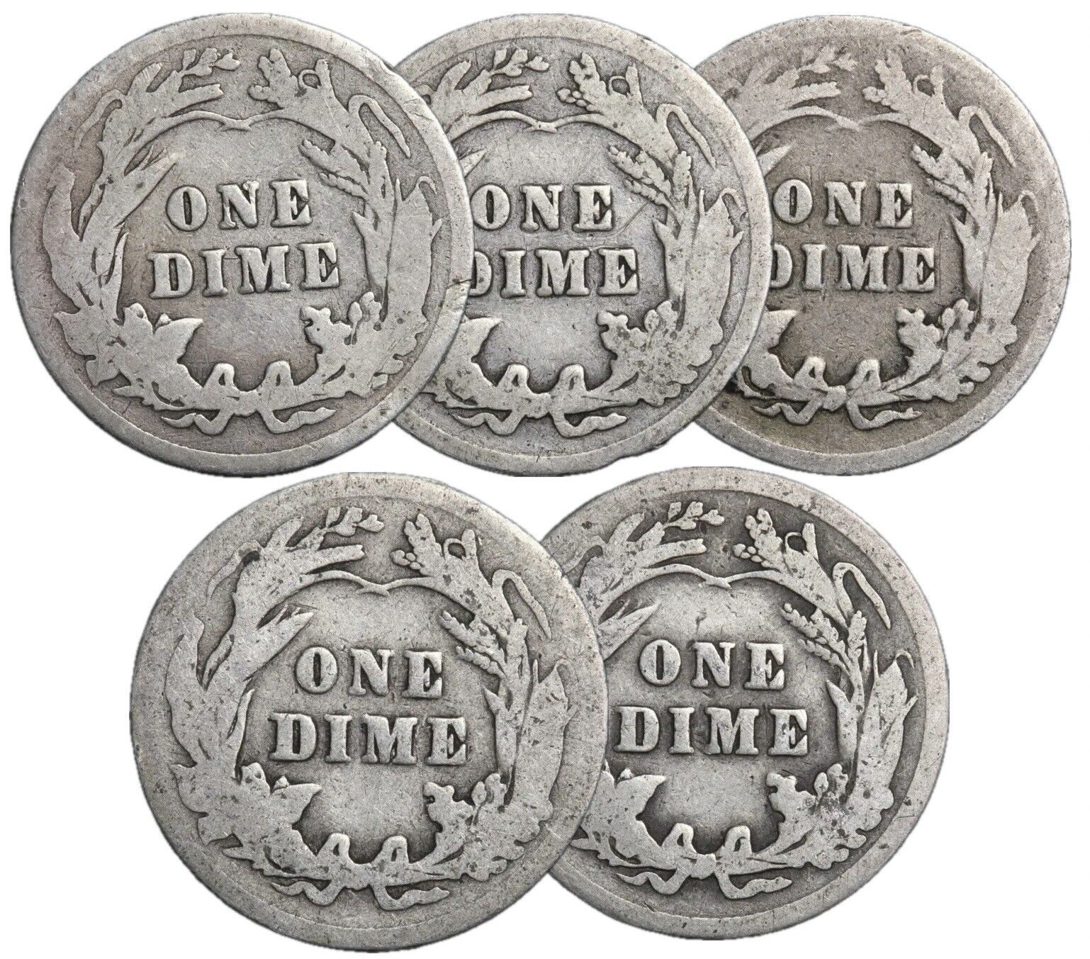 5 Different Barber Silver Dimes (5 pc. lot) Circulated