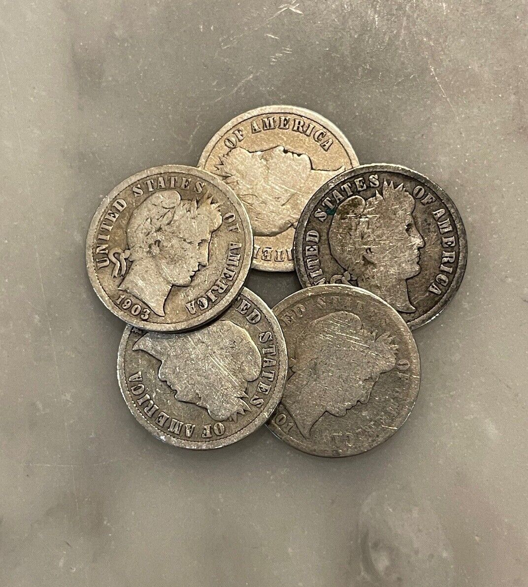 Set of 5 Barber Dimes - 90% Silver