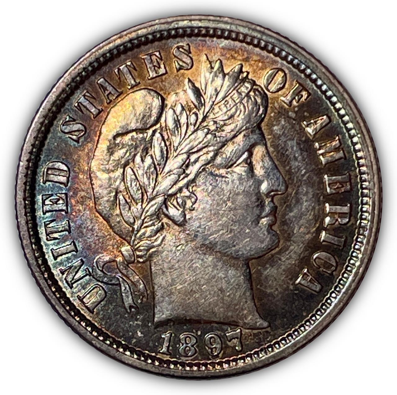 1897 Rainbow Toning Barber Silver Dime AU Coin