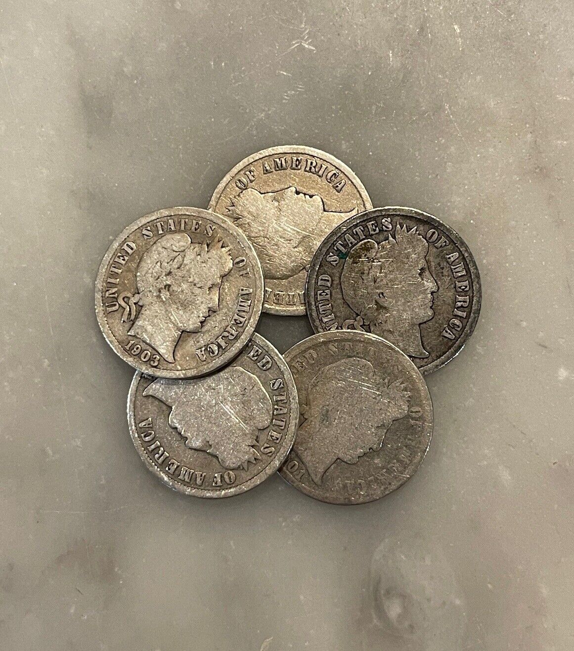 Set of 5 Barber Dimes - 90% Silver