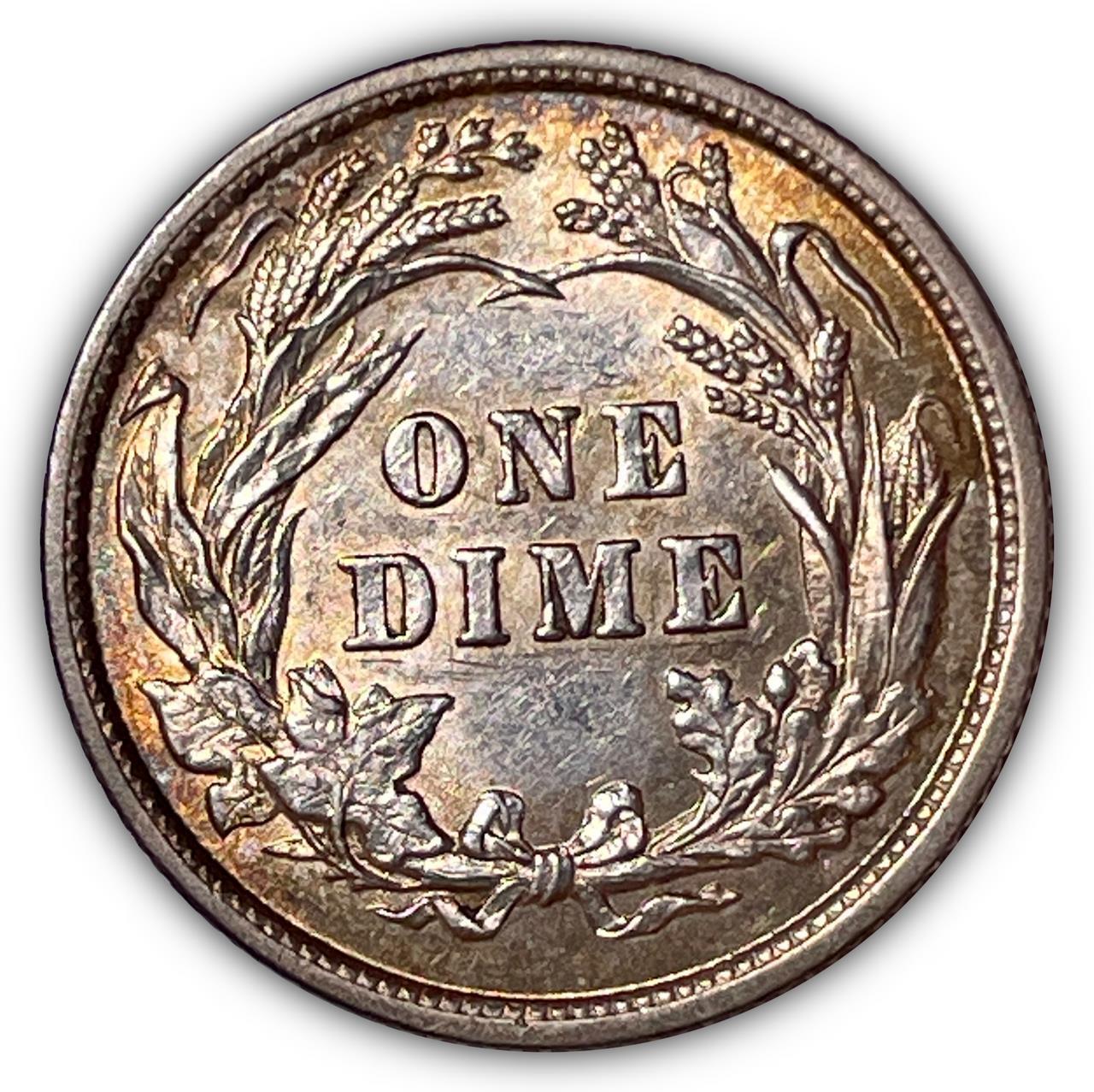 1897 Rainbow Toning Barber Silver Dime AU Coin