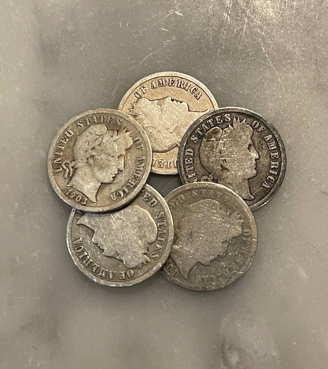 Set of 5 Barber Dimes - 90% Silver