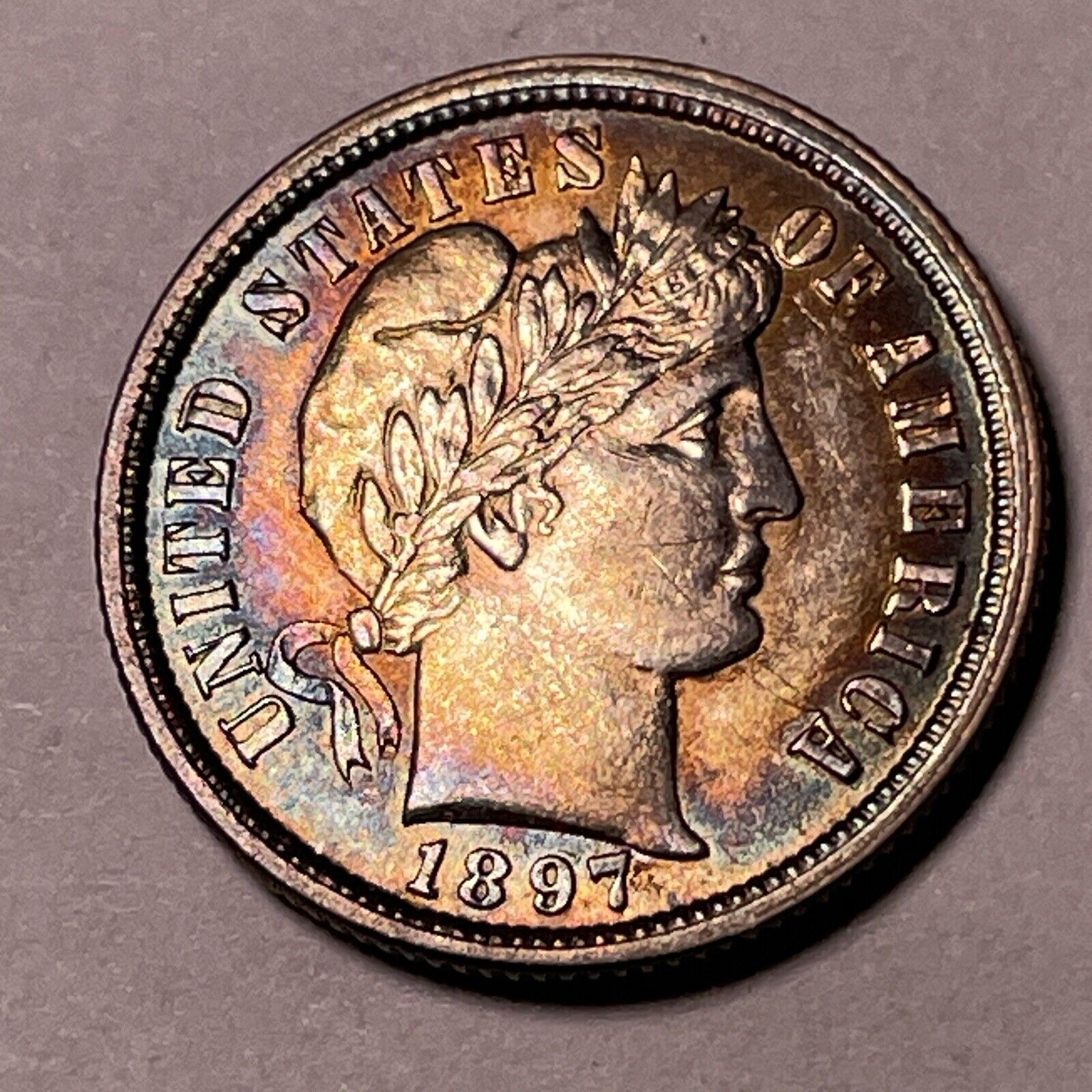 1897 Rainbow Toning Barber Silver Dime AU Coin