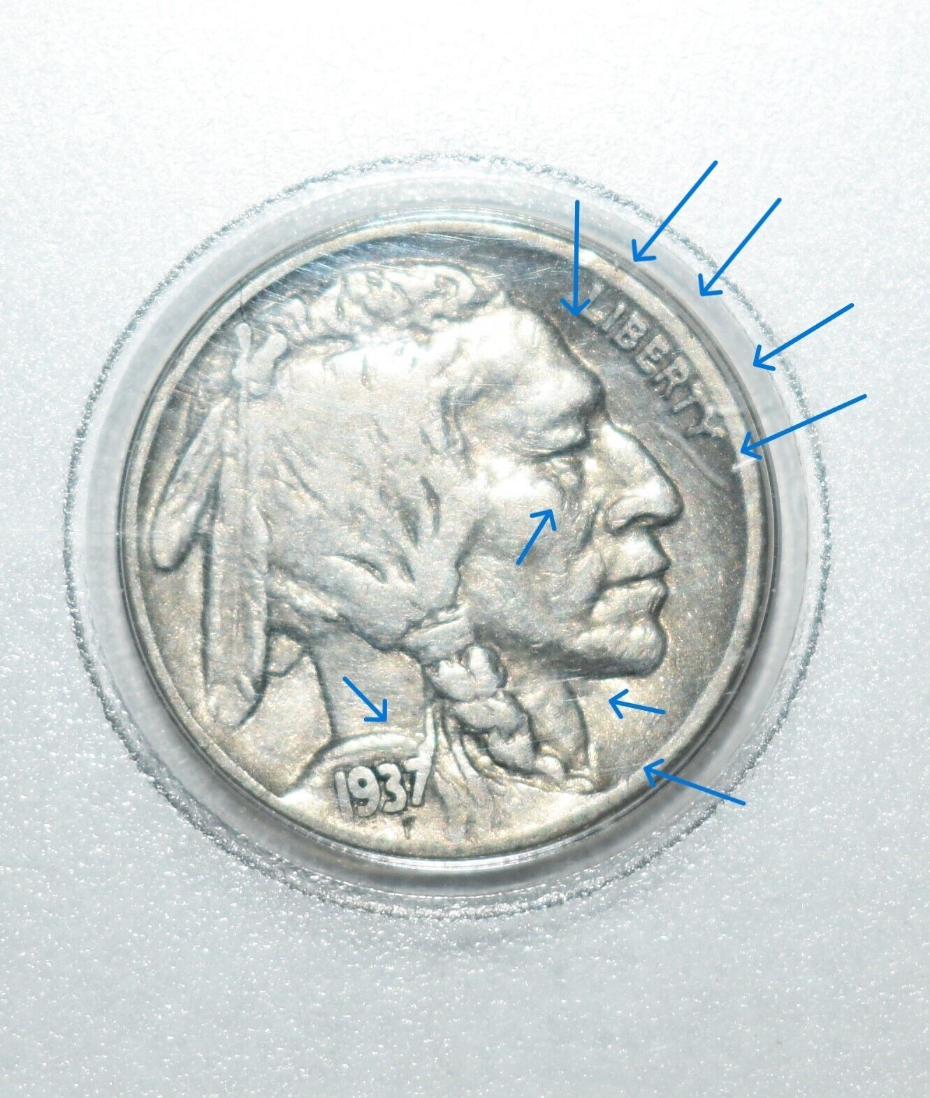 1937 Wounded Buffalo Nickel Coin Error Multi Spears