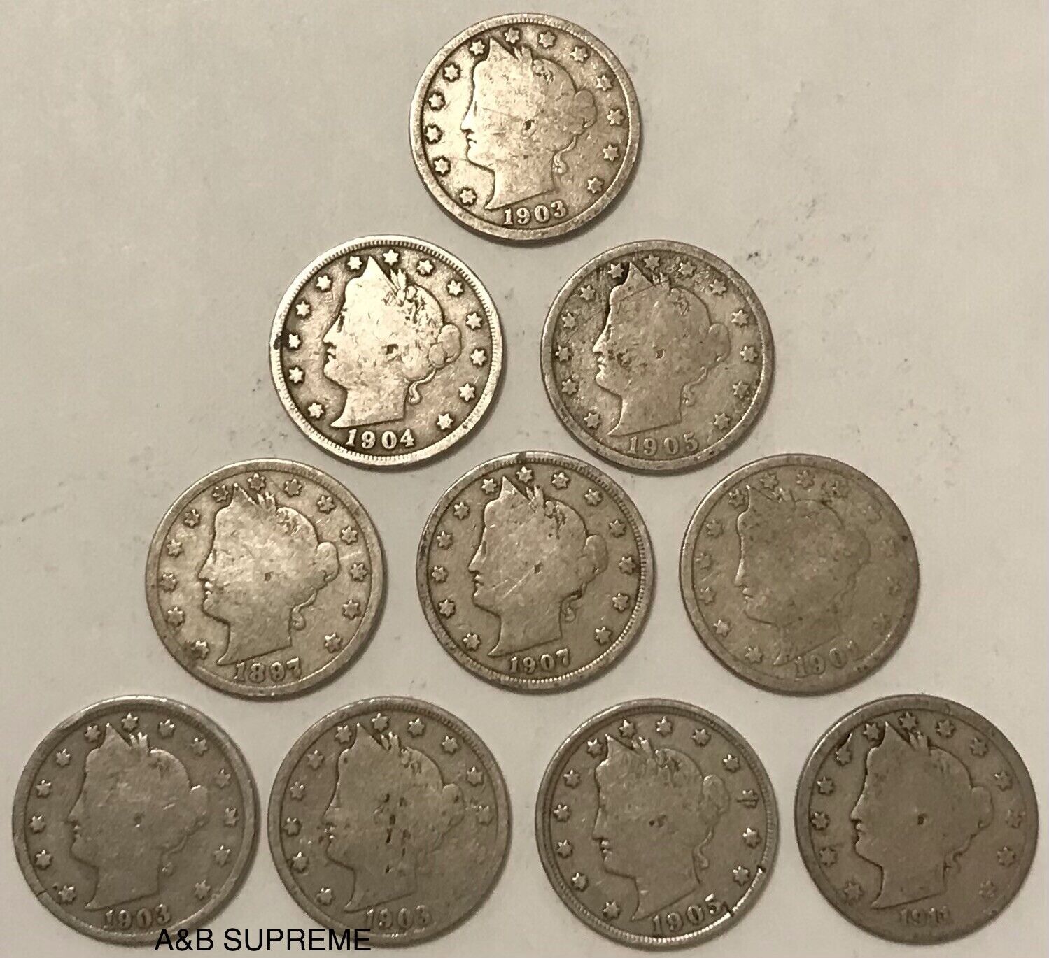 10 Circulated Liberty V Nickels 1883-1912 VF-Good