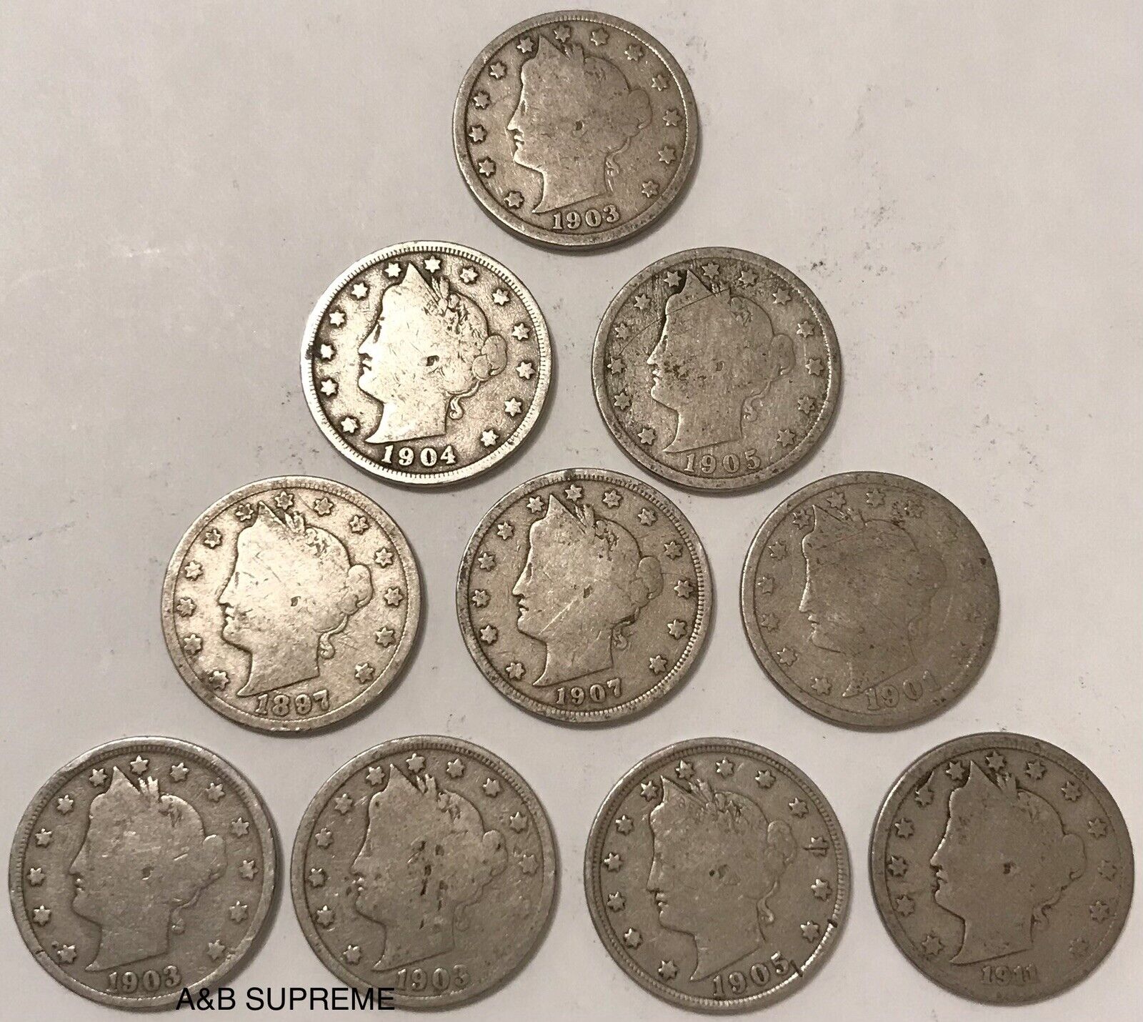 10 Circulated Liberty V Nickels 1883-1912 VF-Good