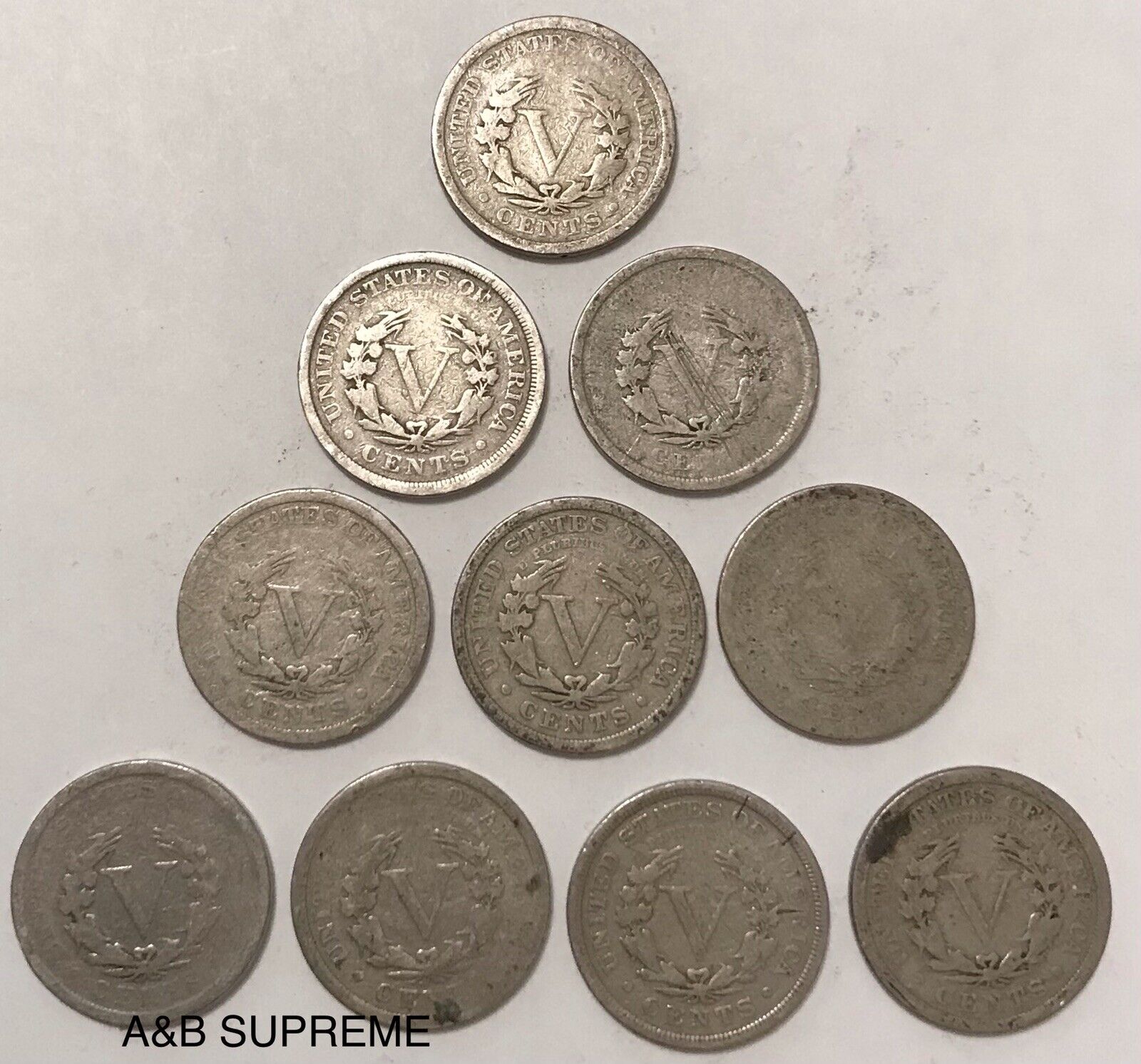 10 Circulated Liberty V Nickels 1883-1912 VF-Good